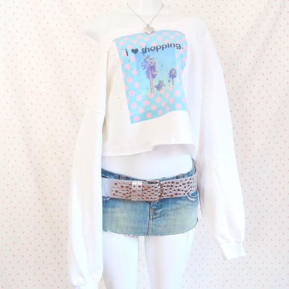 mcbling i heart shopping graphic sweatshirt y2k off shoulder cropped sweater